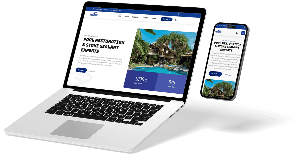 A pool restoration company website built in WordPress and Elementor, shown on a laptop and phone