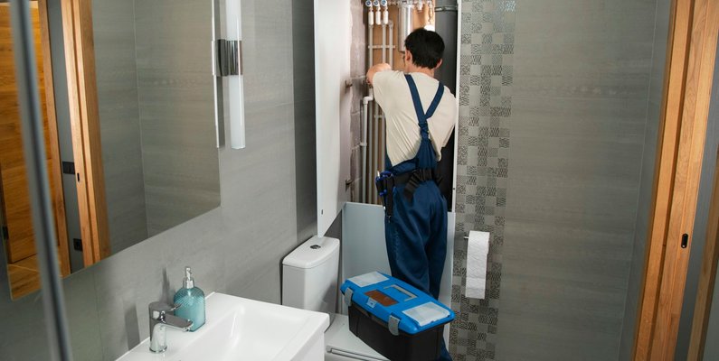 A plumber fitting pipework under a bathroom sink