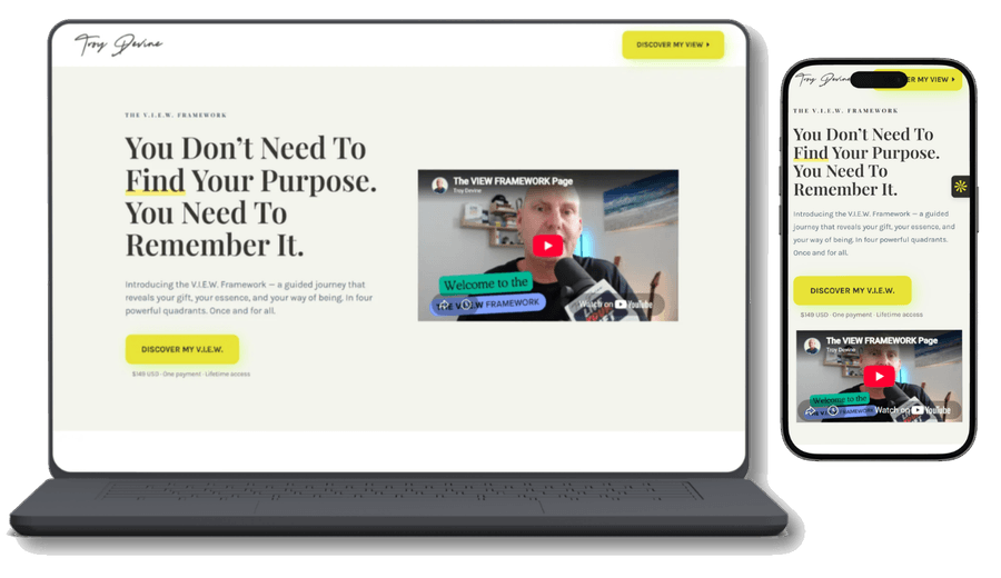 The V.I.E.W. Framework landing page built for Troy Devine